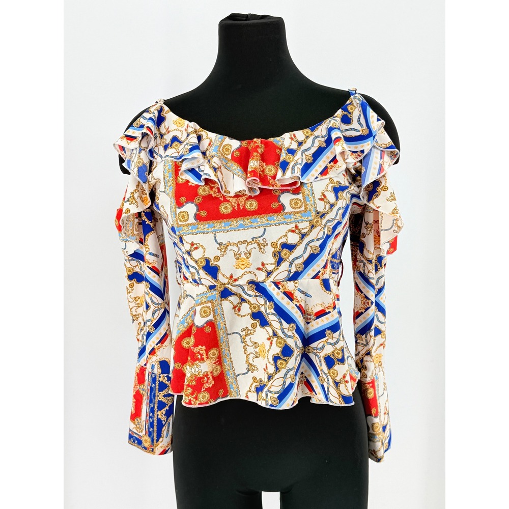 Women Nautical Baroque Scarf Print Cold Shoulder Ruffle Peplum Top Size M Coast